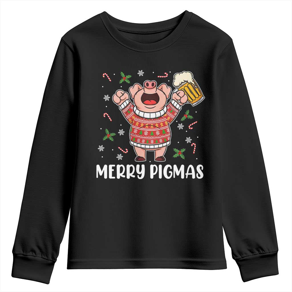 Christmas Pig Drinking Beer Youth Sweatshirt Funny Merry Pigmas Gift TS12 Black Print Your Wear