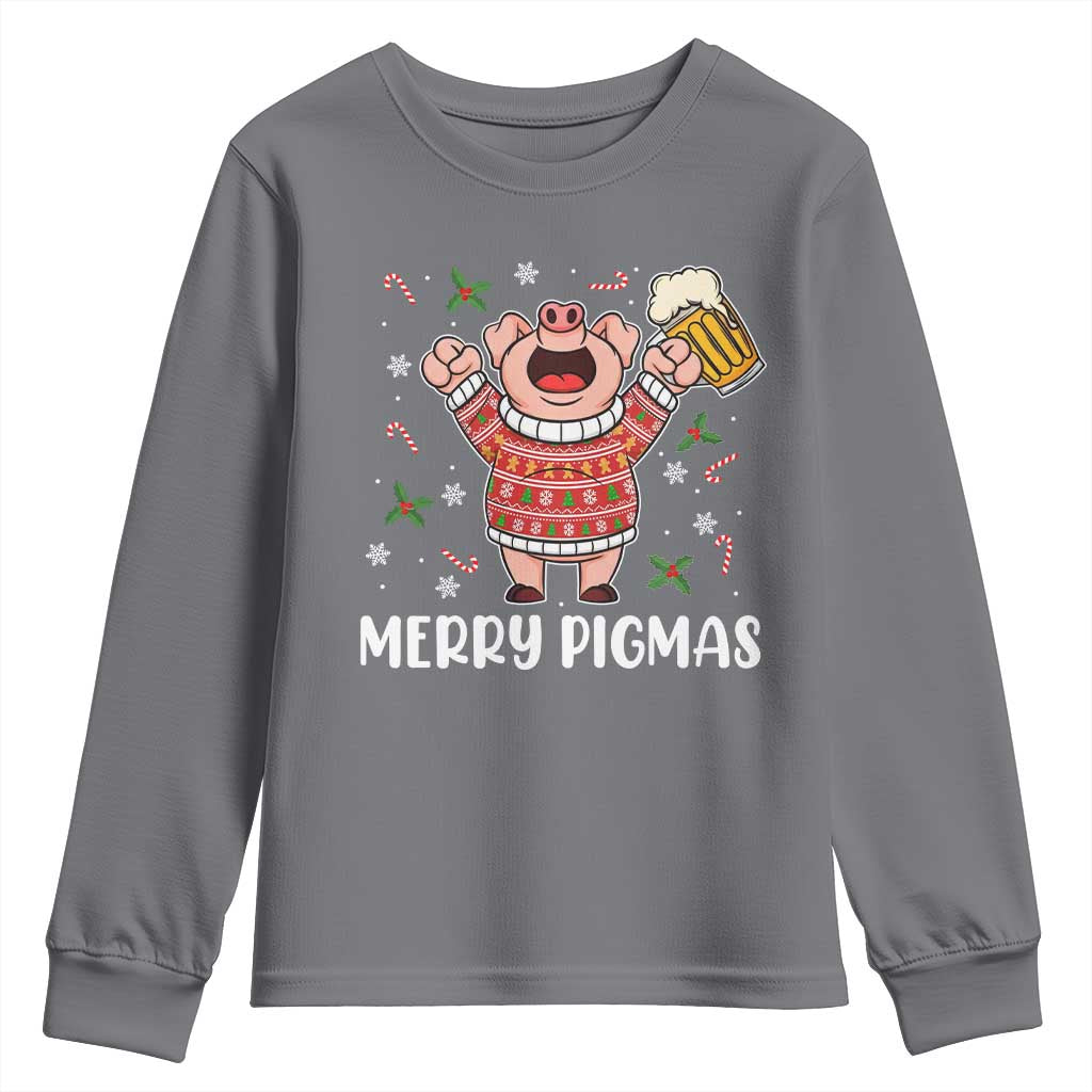 Christmas Pig Drinking Beer Youth Sweatshirt Funny Merry Pigmas Gift TS12 Charcoal Print Your Wear