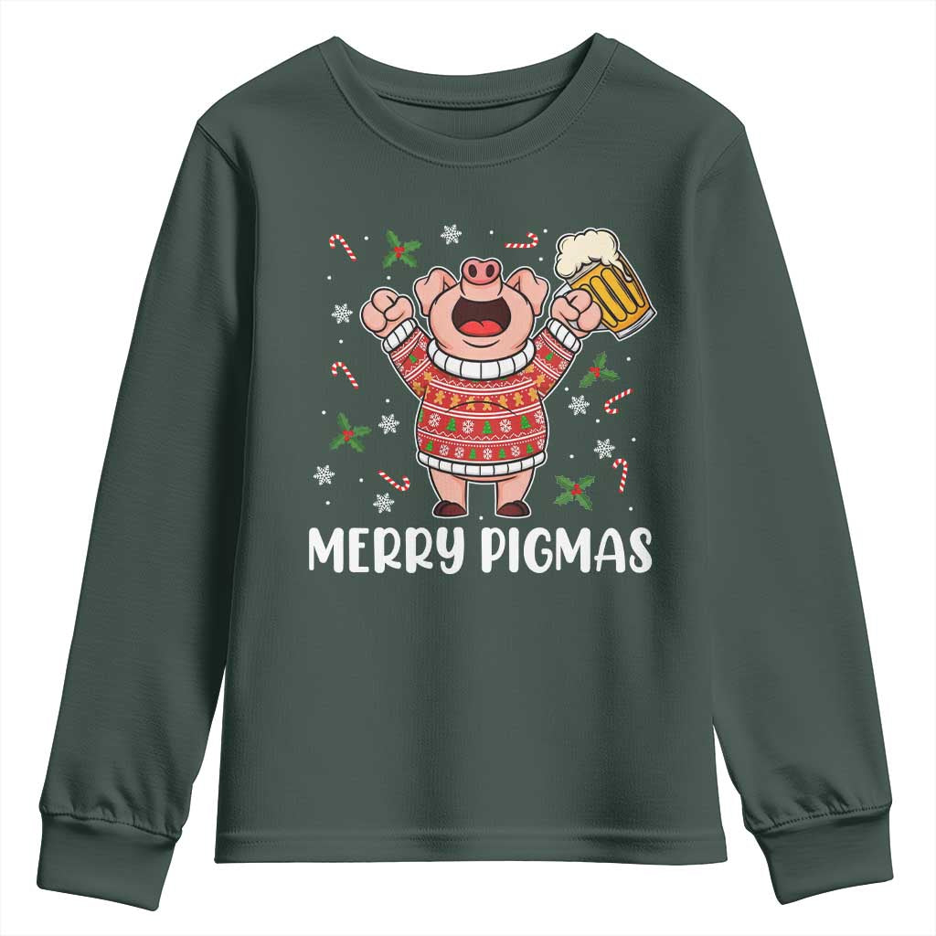 Christmas Pig Drinking Beer Youth Sweatshirt Funny Merry Pigmas Gift TS12 Dark Forest Green Print Your Wear