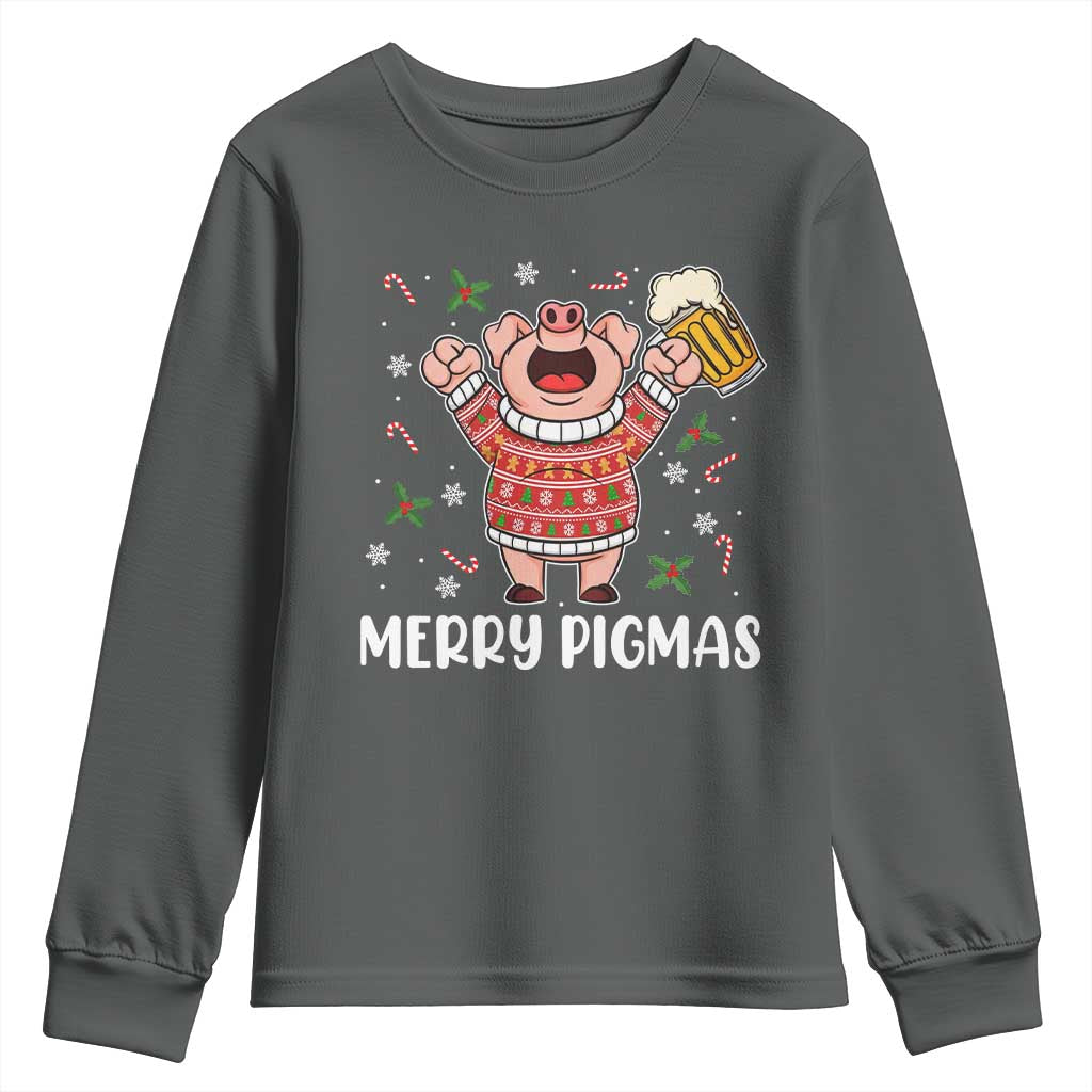 Christmas Pig Drinking Beer Youth Sweatshirt Funny Merry Pigmas Gift TS12 Dark Heather Print Your Wear