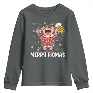 Christmas Pig Drinking Beer Youth Sweatshirt Funny Merry Pigmas Gift TS12 Dark Heather Print Your Wear