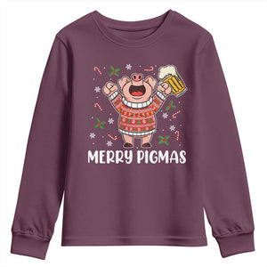 Christmas Pig Drinking Beer Youth Sweatshirt Funny Merry Pigmas Gift TS12 Maroon Print Your Wear