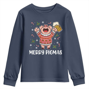 Christmas Pig Drinking Beer Youth Sweatshirt Funny Merry Pigmas Gift TS12 Navy Print Your Wear