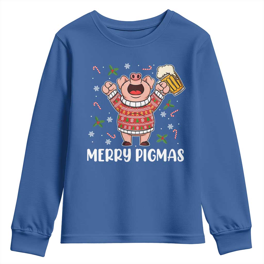 Christmas Pig Drinking Beer Youth Sweatshirt Funny Merry Pigmas Gift TS12 Royal Blue Print Your Wear