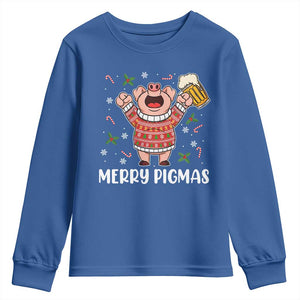 Christmas Pig Drinking Beer Youth Sweatshirt Funny Merry Pigmas Gift TS12 Royal Blue Print Your Wear