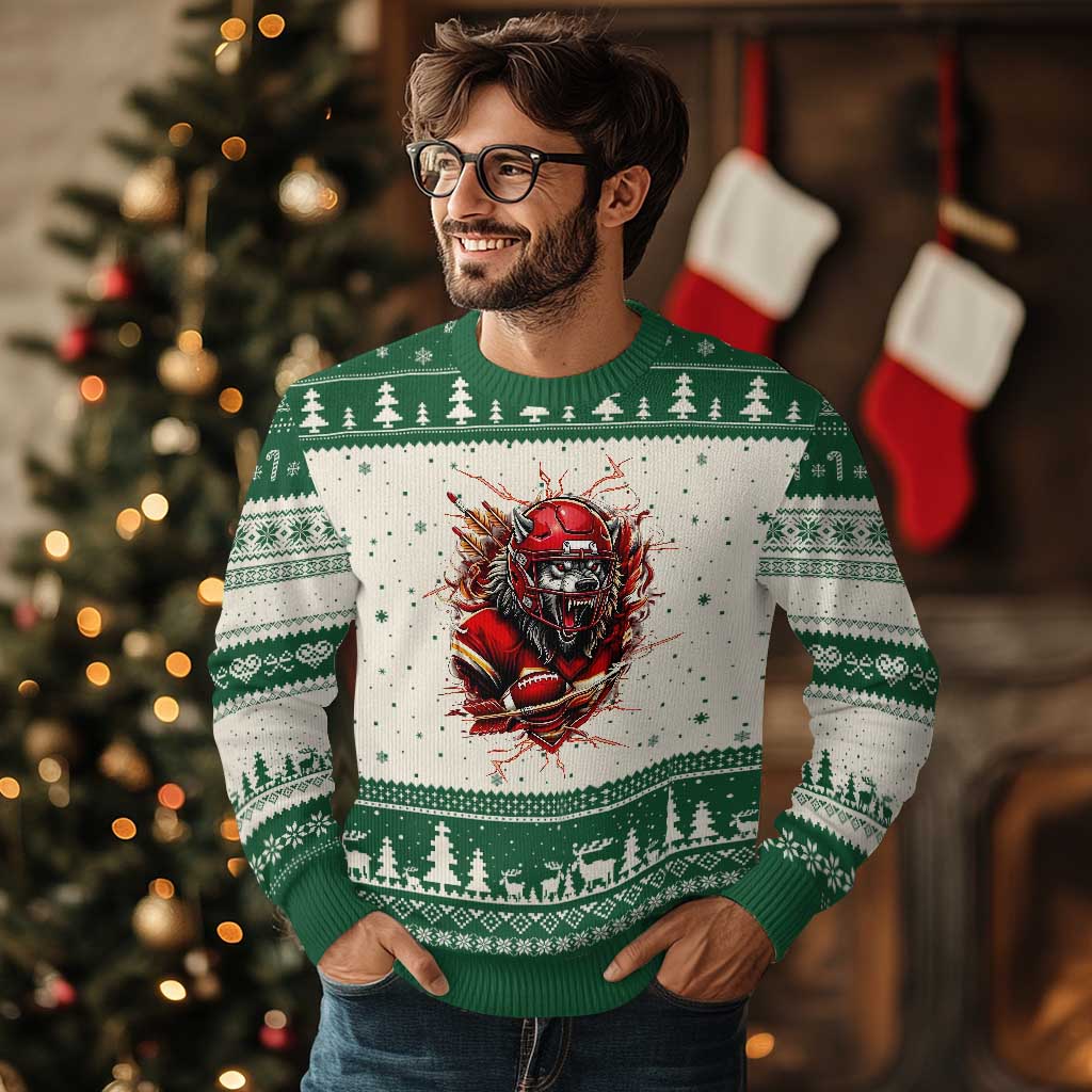 American Football Fan Wolf Spirit Ugly Christmas Sweater Game Day Lifestyle TS12 Beige Green Print Your Wear