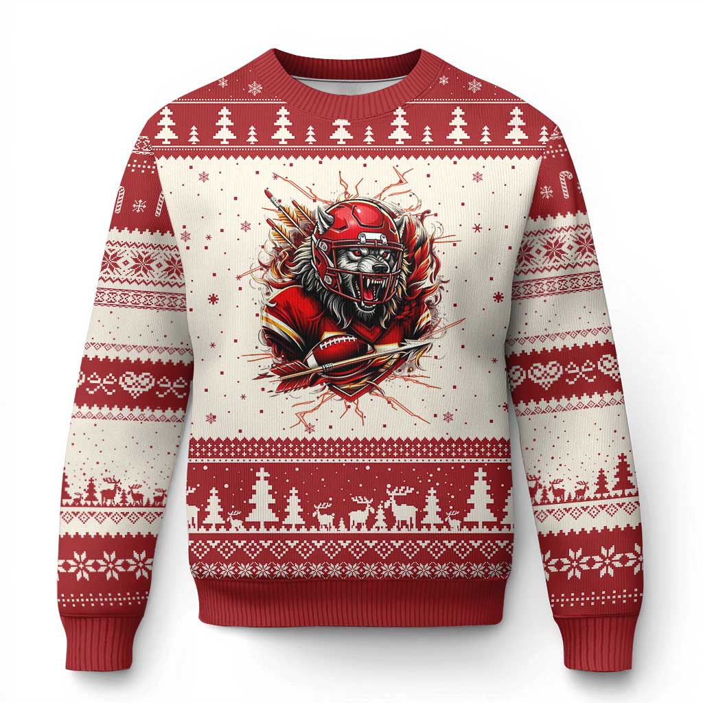 American Football Fan Wolf Spirit Ugly Christmas Sweater Game Day Lifestyle TS12 Beige Red Print Your Wear