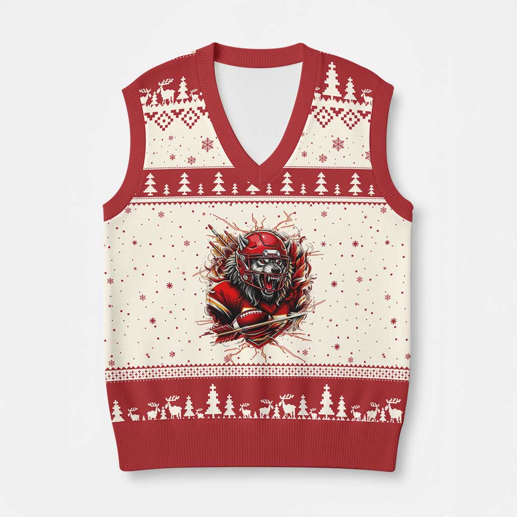 American Football Fan Wolf Spirit V-Neck Knit Sweater Vest Game Day Lifestyle TS12 Beige Red Print Your Wear