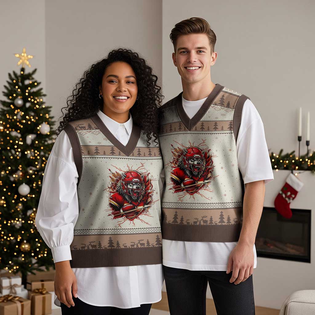 American Football Fan Wolf Spirit V-Neck Knit Sweater Vest Game Day Lifestyle TS12 Mocha Mousse Print Your Wear