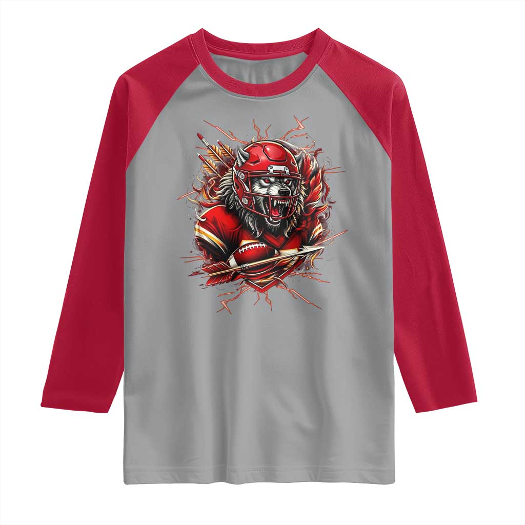 American Football Fan Wolf Spirit Raglan Shirt Game Day Lifestyle TS12 Sport Gray Red Print Your Wear