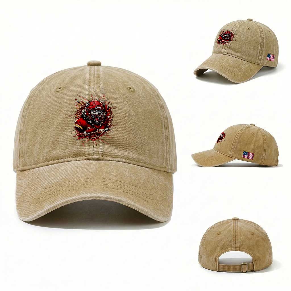 American Football Fan Wolf Spirit Washed Cotton Baseball Cap Game Day Lifestyle TS12 Washed Cap Universal Fit Khaki Print Your Wear