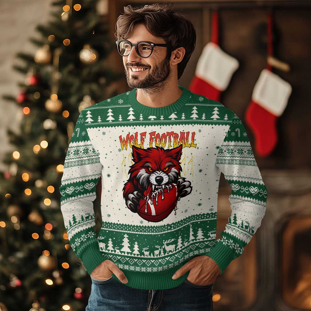 Wolf Football Lover Ugly Christmas Sweater American Sports Fan Gift TS12 Beige Green Print Your Wear