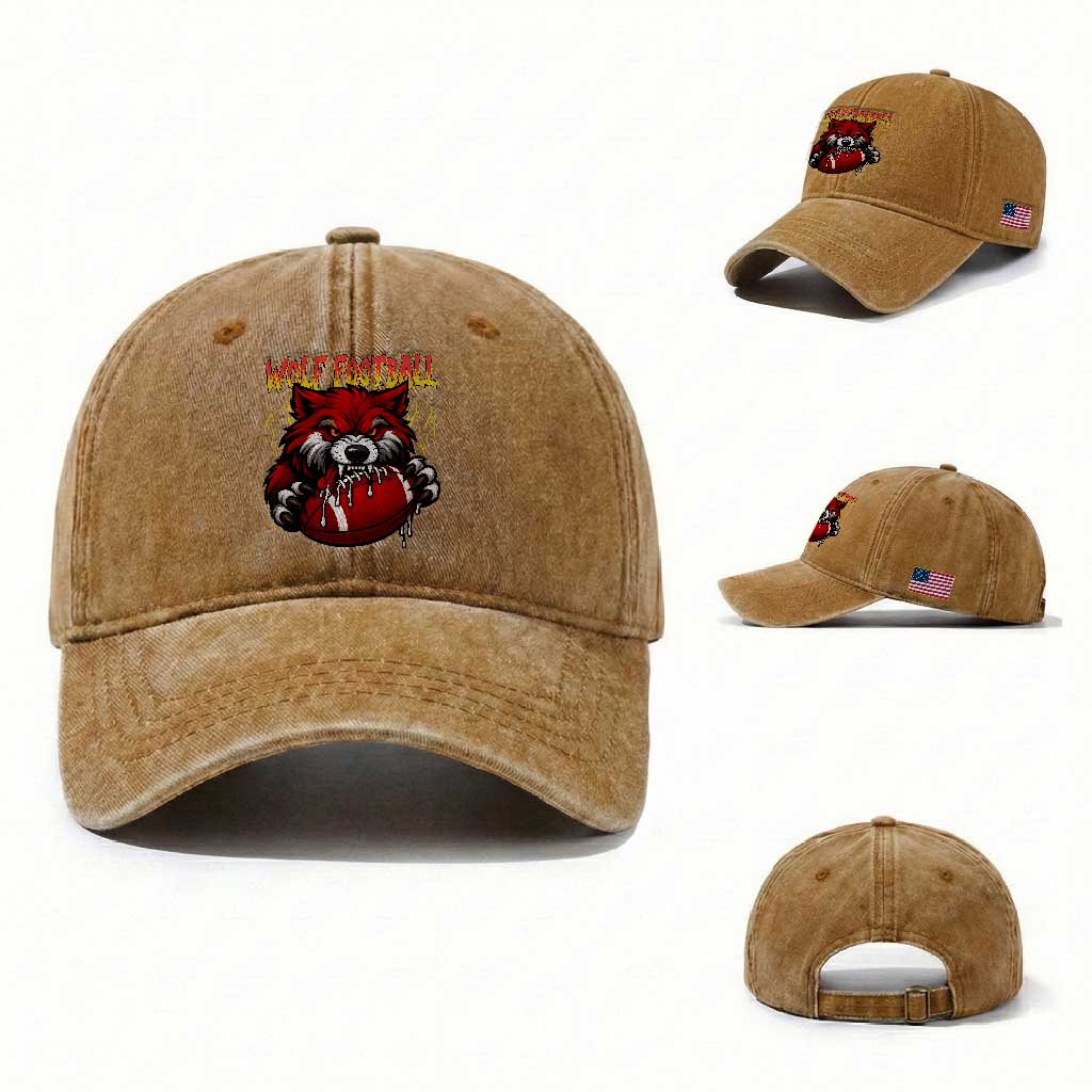 Wolf Football Lover Washed Cotton Baseball Cap American Sports Fan Gift TS12 Washed Cap Universal Fit Yellow Ochre Print Your Wear