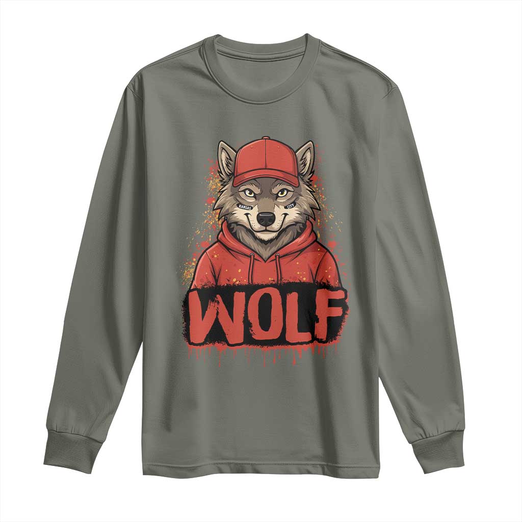 Wolf Football Lover Long Sleeve Shirt Game Day Tailgate Lifestyle TS12 Military Green Print Your Wear