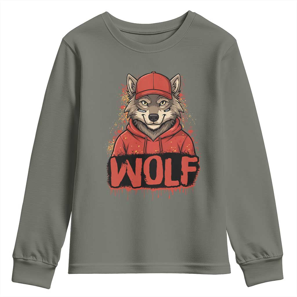 Wolf Football Lover Youth Sweatshirt Game Day Tailgate Lifestyle TS12 Military Green Print Your Wear