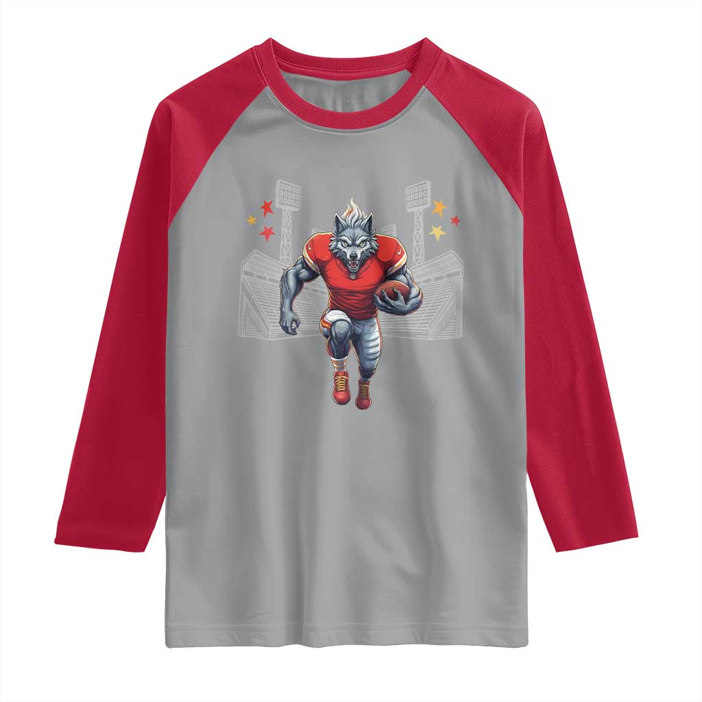 Wolf Football Lover Raglan Shirt Midwest Game Day Lifestyle TS12 Sport Gray Red Print Your Wear