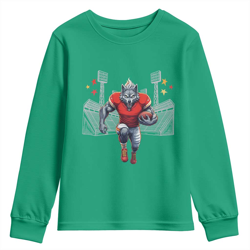 Wolf Football Lover Youth Sweatshirt Midwest Game Day Lifestyle TS12 Irish Green Print Your Wear