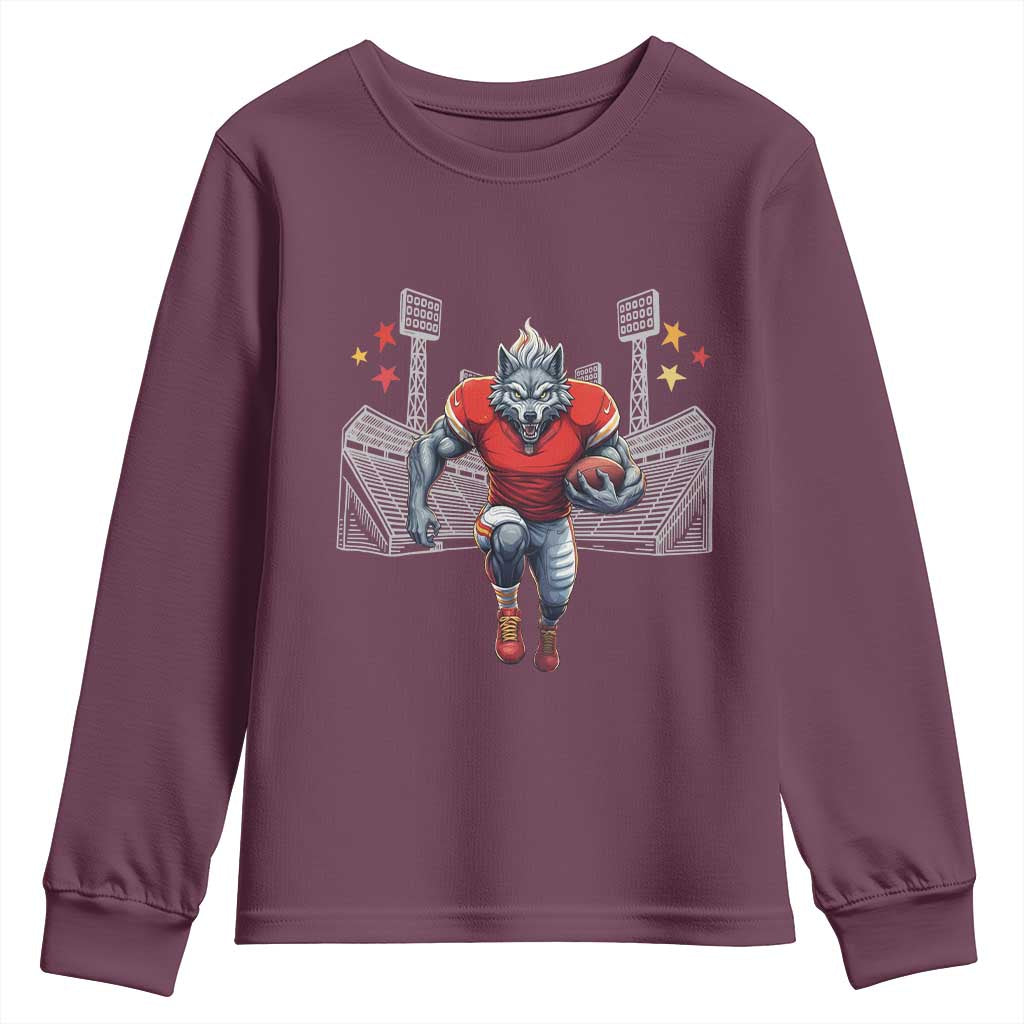 Wolf Football Lover Youth Sweatshirt Midwest Game Day Lifestyle TS12 Maroon Print Your Wear