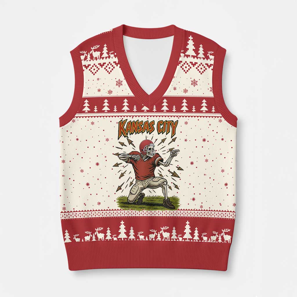 Skeleton Football Lover V-Neck Knit Sweater Vest Touchdown Game Day Lifestyle TS12 Beige Red Print Your Wear