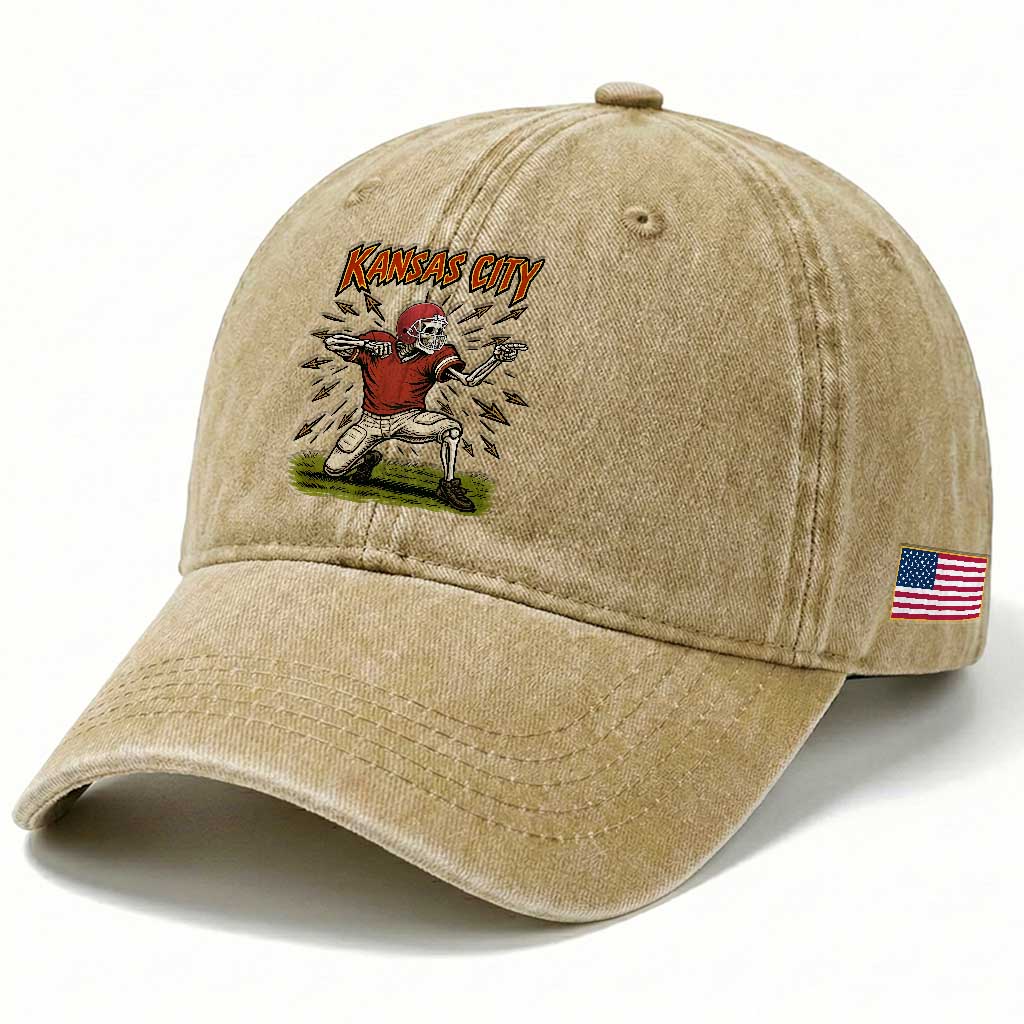 Skeleton Football Lover Washed Cotton Baseball Cap Touchdown Game Day Lifestyle TS12 Print Your Wear