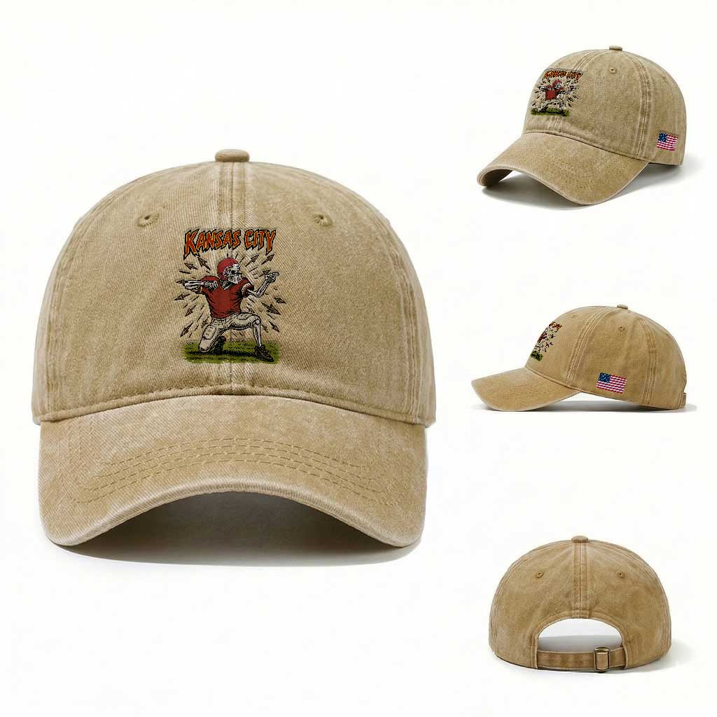 Skeleton Football Lover Washed Cotton Baseball Cap Touchdown Game Day Lifestyle TS12 Washed Cap Universal Fit Khaki Print Your Wear