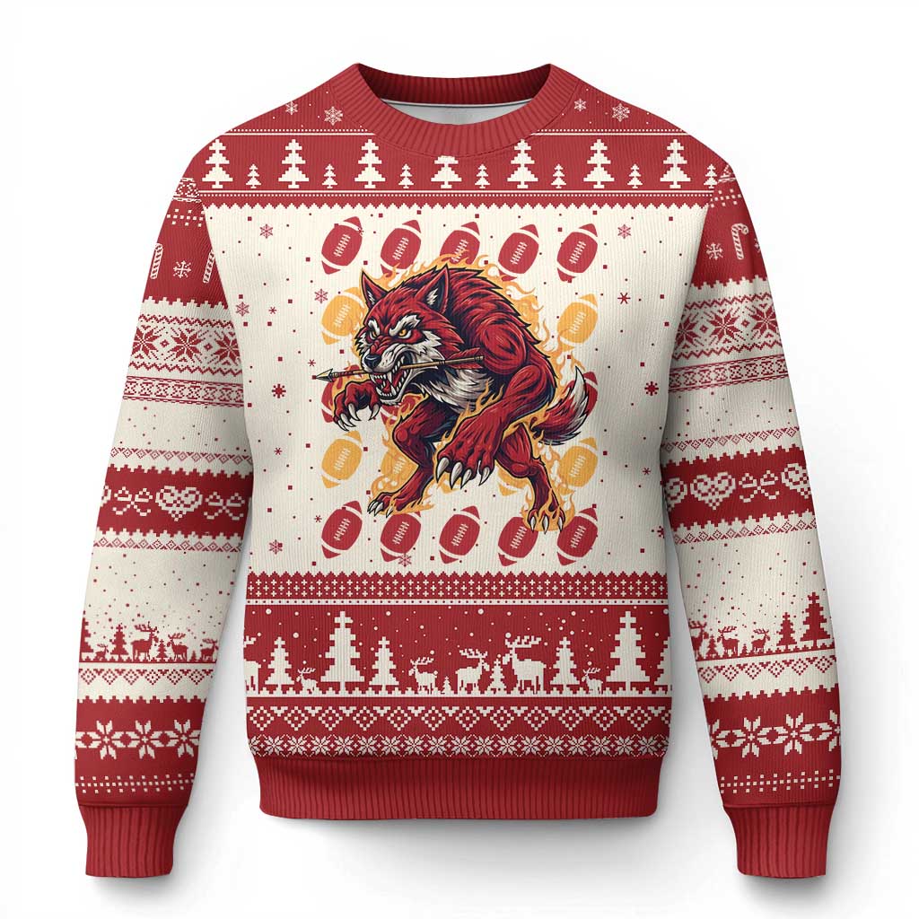 Wolf Football Lover Ugly Christmas Sweater Game Day Fan Lifestyle TS12 Beige Red Print Your Wear