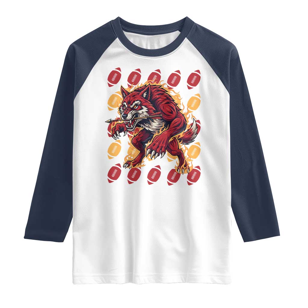 Wolf Football Lover Raglan Shirt Game Day Fan Lifestyle TS12 White Navy Print Your Wear