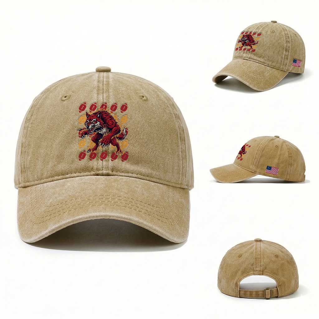 Wolf Football Lover Washed Cotton Baseball Cap Game Day Fan Lifestyle TS12 Washed Cap Universal Fit Khaki Print Your Wear