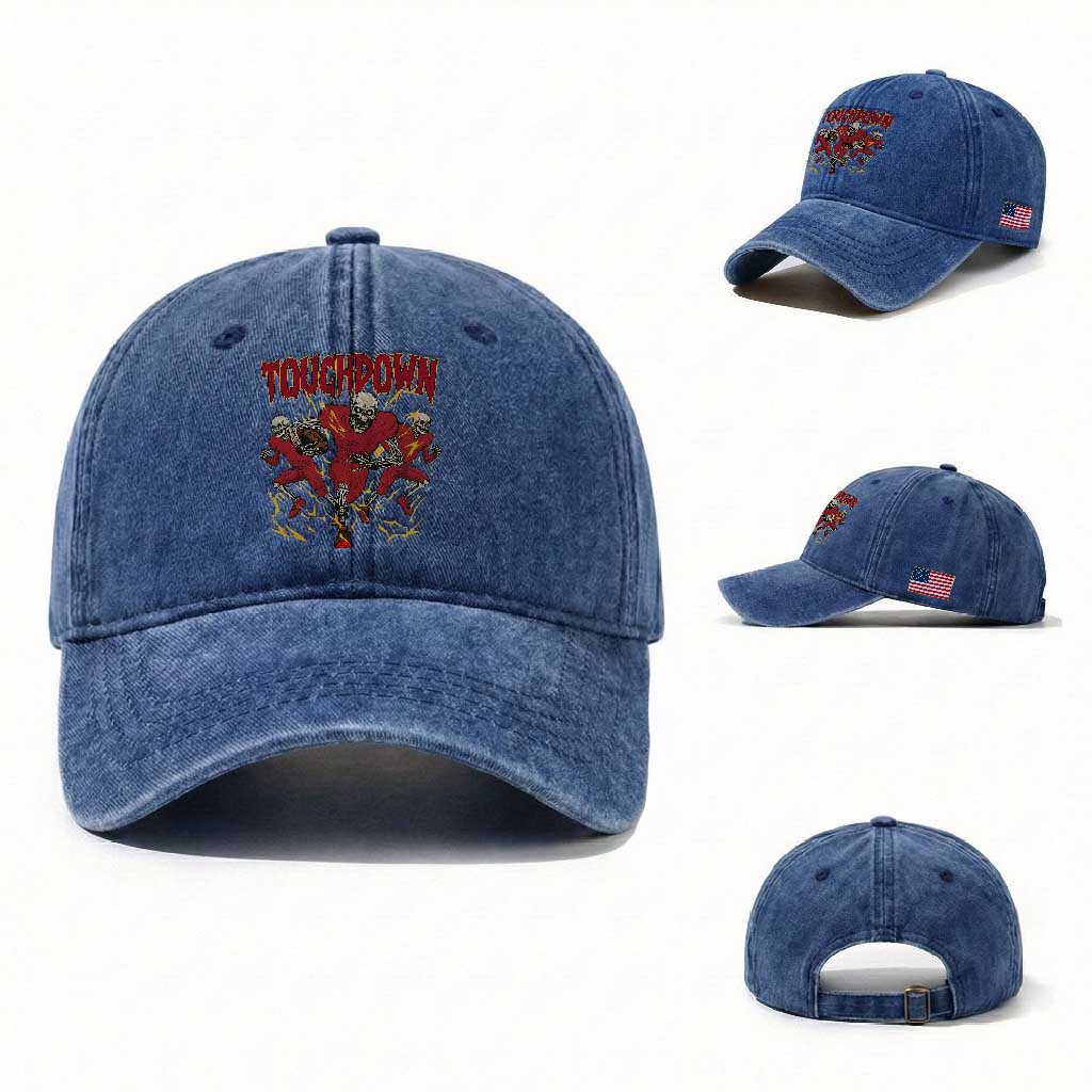 Skeleton Game Day Washed Cotton Baseball Cap Touchdown Football Fan Gift TS12 Washed Cap Universal Fit Royal Blue Print Your Wear