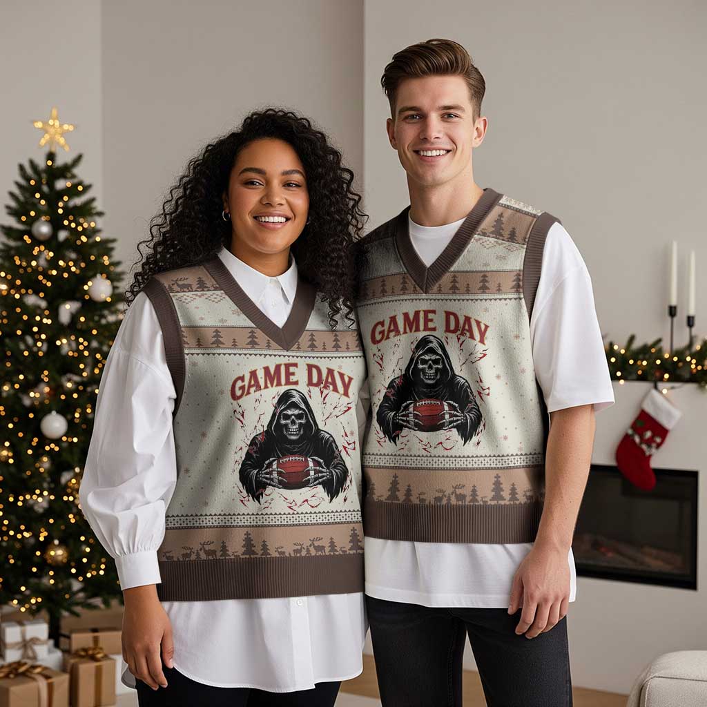 Funny Grim Reaper Dark Football V-Neck Knit Sweater Vest Game Day Fan Lifestyle TS12 Mocha Mousse Print Your Wear
