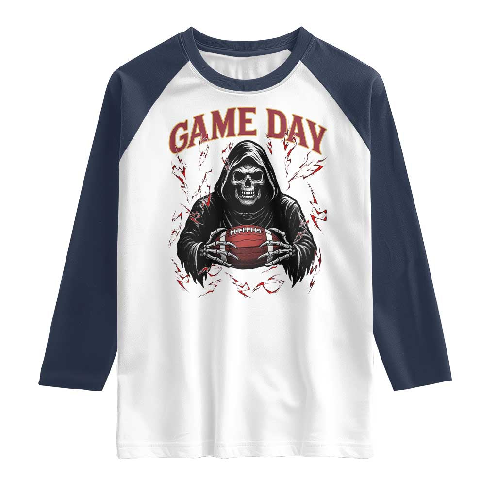 Funny Grim Reaper Dark Football Raglan Shirt Game Day Fan Lifestyle TS12 White Navy Print Your Wear