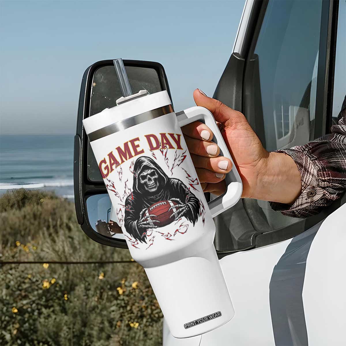 Funny Grim Reaper Dark Football Tumbler With Handle Game Day Fan Lifestyle TS12 Print Your Wear
