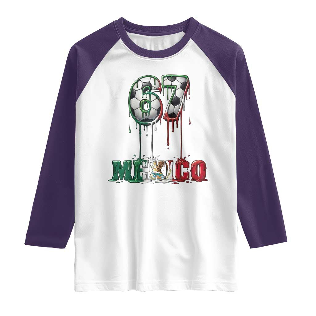 Funny Mexico Soccer 67 Meme Raglan Shirt Chicano Soccer Lovers TS12 White Purple Print Your Wear