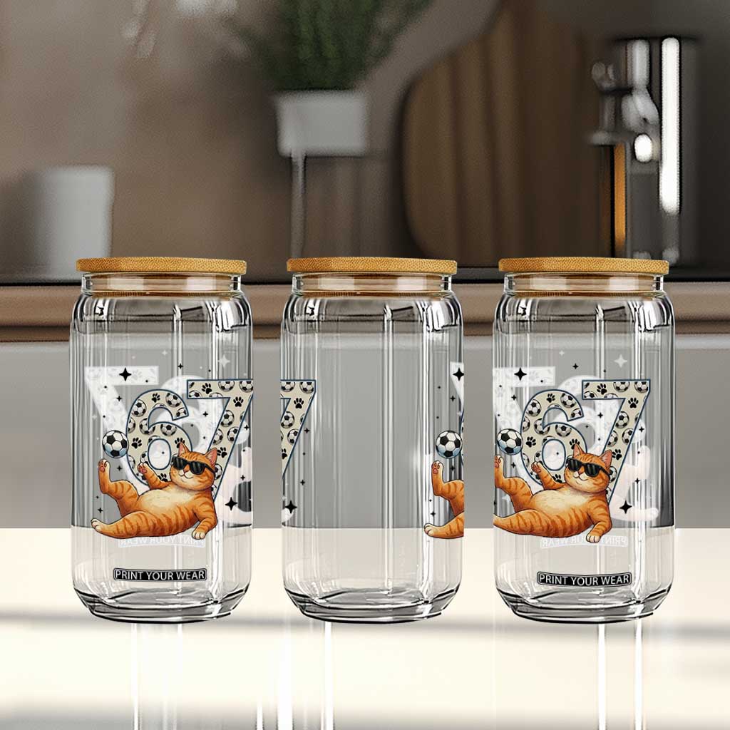 Funny Cat Playing Soccer Glass Can Six Seven Meme TS12 Print Your Wear