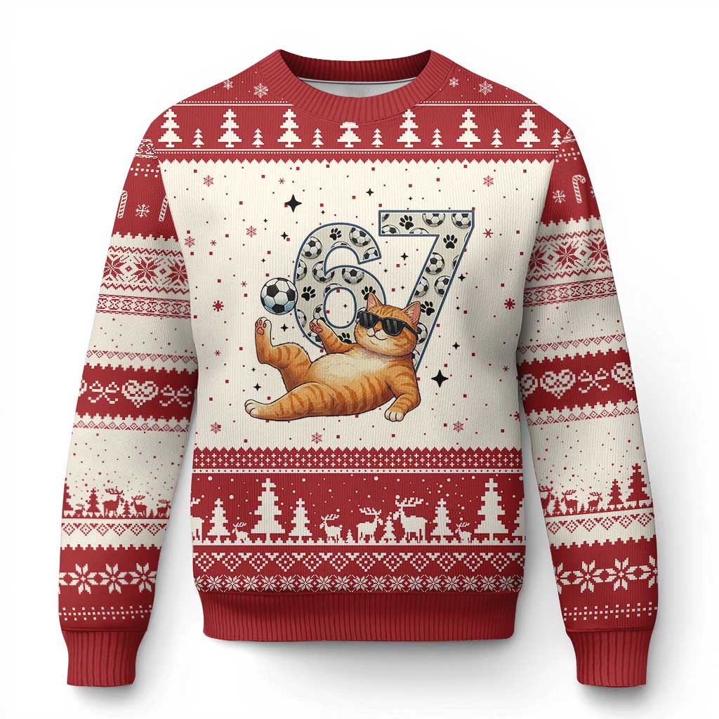 Funny Cat Playing Soccer Ugly Christmas Sweater Six Seven Meme TS12 Beige Red Print Your Wear
