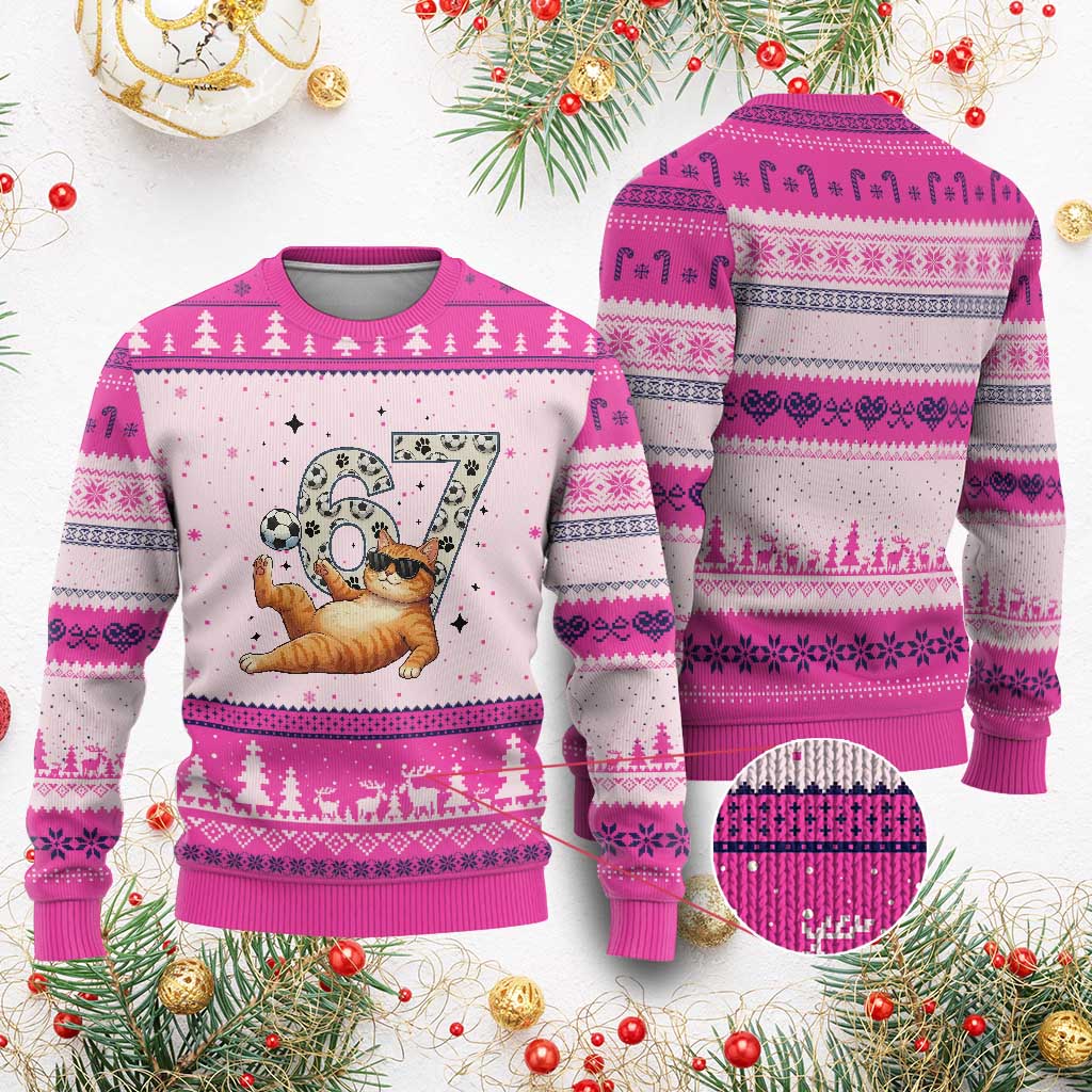 Funny Cat Playing Soccer Ugly Christmas Sweater Six Seven Meme TS12 Hot Pink Print Your Wear