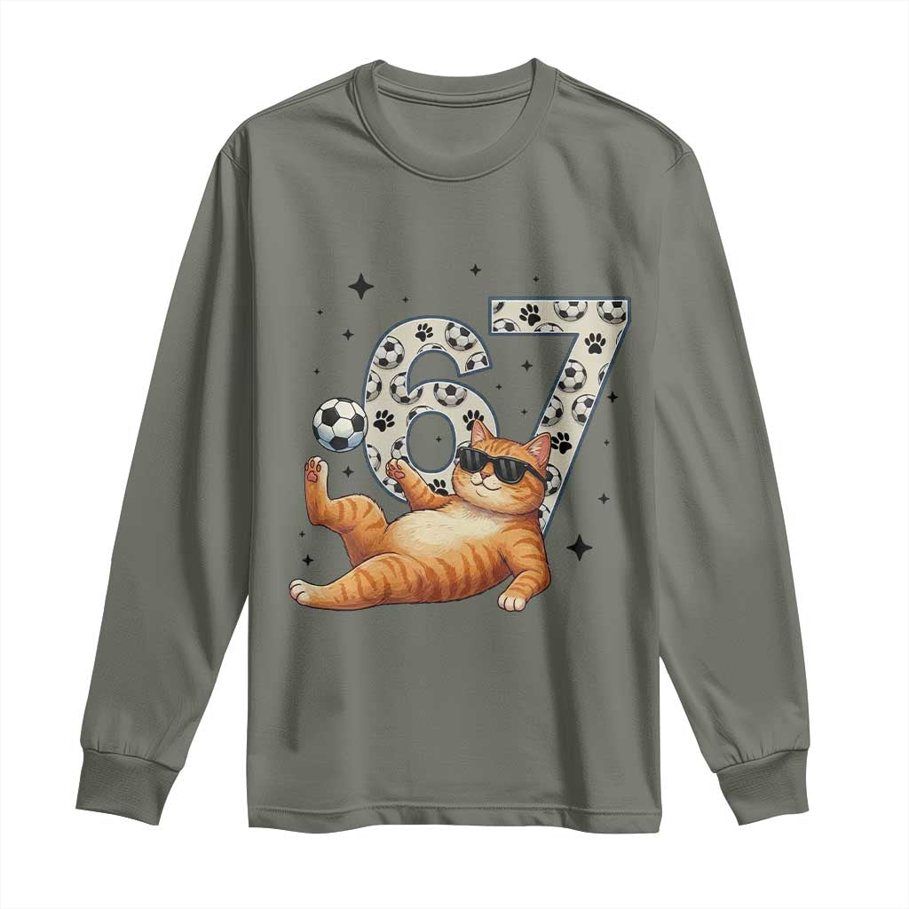 Funny Cat Playing Soccer Long Sleeve Shirt Six Seven Meme TS12 Military Green Print Your Wear