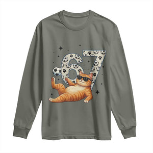Funny Cat Playing Soccer Long Sleeve Shirt Six Seven Meme TS12 Military Green Print Your Wear