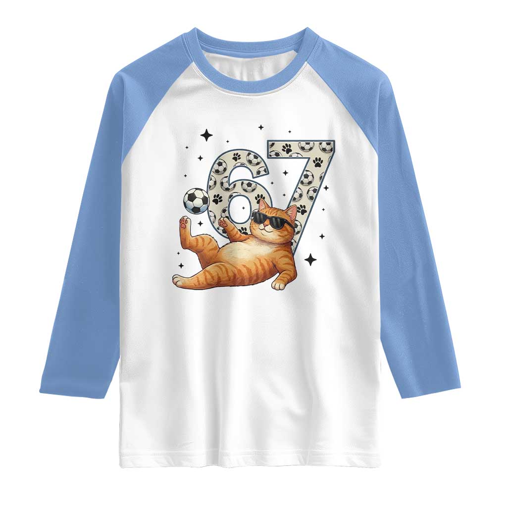 Funny Cat Playing Soccer Raglan Shirt Six Seven Meme TS12 White Carolina Blue Print Your Wear