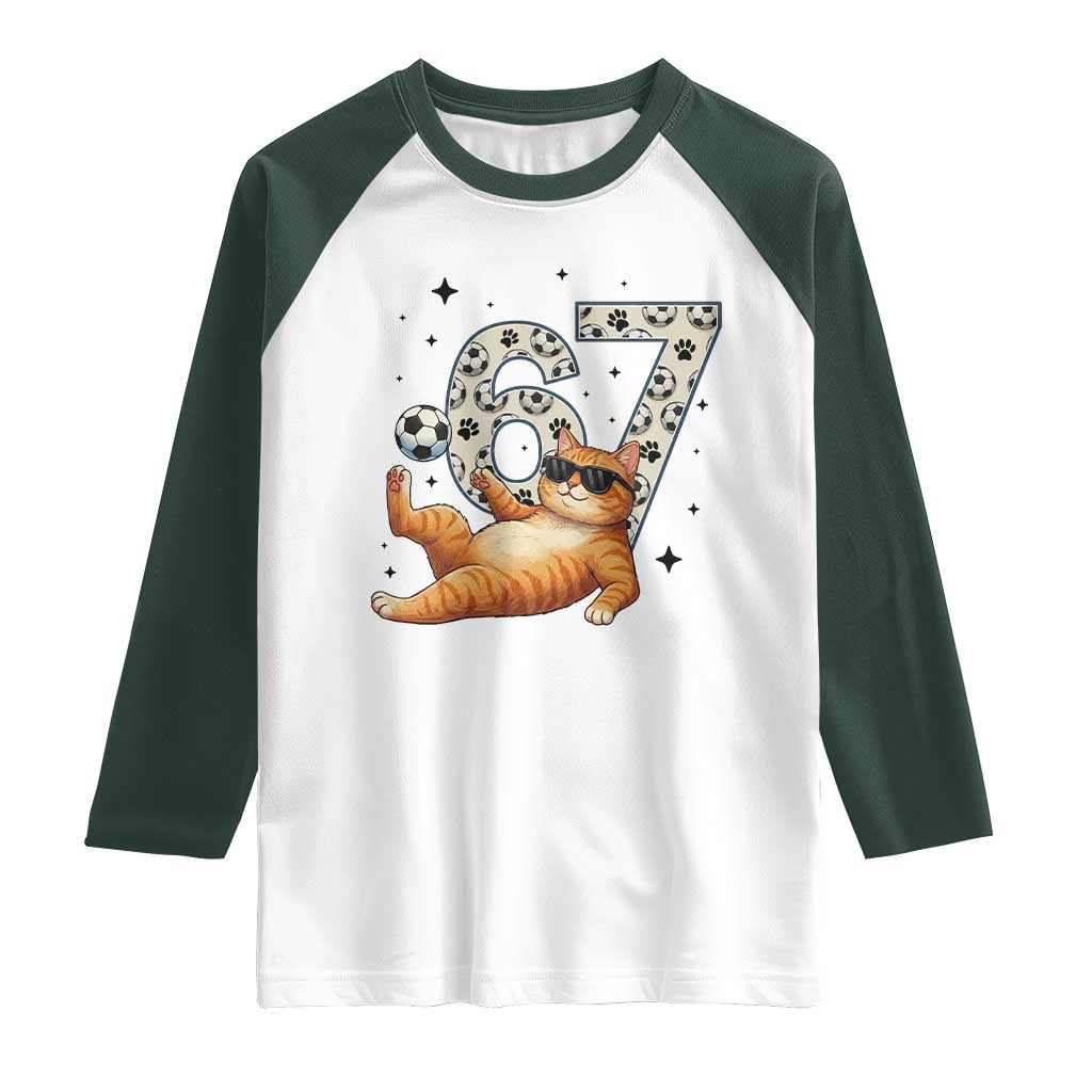 Funny Cat Playing Soccer Raglan Shirt Six Seven Meme TS12 White Dark Forest Green Print Your Wear