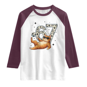 Funny Cat Playing Soccer Raglan Shirt Six Seven Meme TS12 White Maroon Print Your Wear