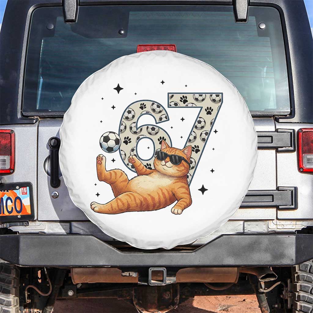 Funny Cat Playing Soccer Spare Tire Cover Six Seven Meme TS12 No hole White Print Your Wear