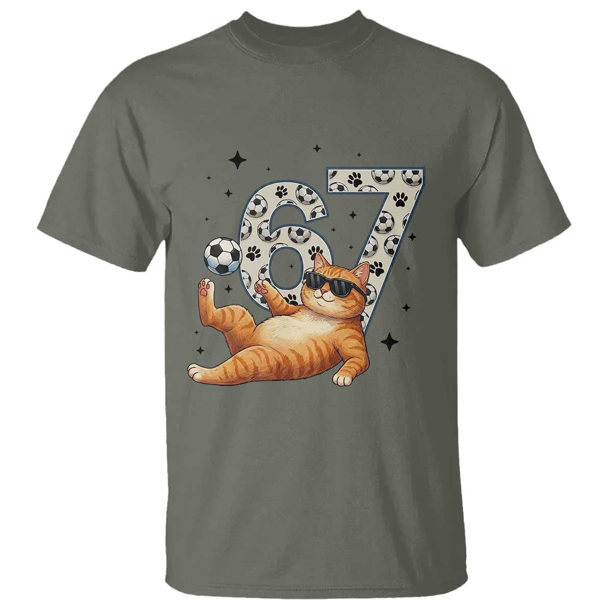 Funny Cat Playing Soccer T Shirt Six Seven Meme TS12 Military Green Print Your Wear