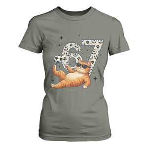Funny Cat Playing Soccer T Shirt For Women Six Seven Meme TS12 Military Green Print Your Wear