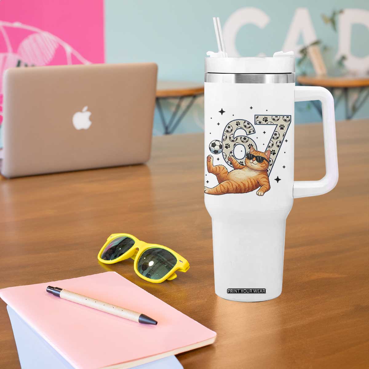 Funny Cat Playing Soccer Tumbler With Handle Six Seven Meme TS12 Print Your Wear