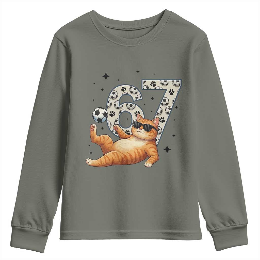 Funny Cat Playing Soccer Youth Sweatshirt Six Seven Meme TS12 Military Green Print Your Wear