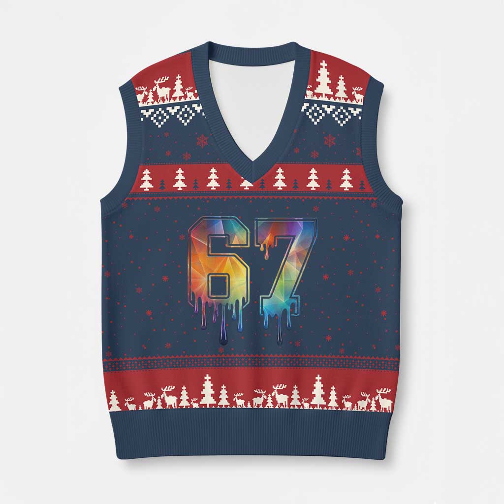 Funny Six Seven Prism Effect Printed Meme V-Neck Knit Sweater Vest TS12 Navy Red Print Your Wear
