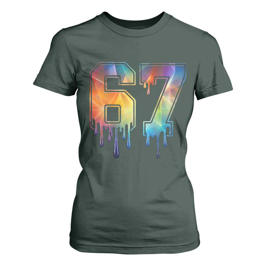 Funny Six Seven Prism Effect Printed Meme T Shirt For Women TS12 Dark Forest Green Print Your Wear
