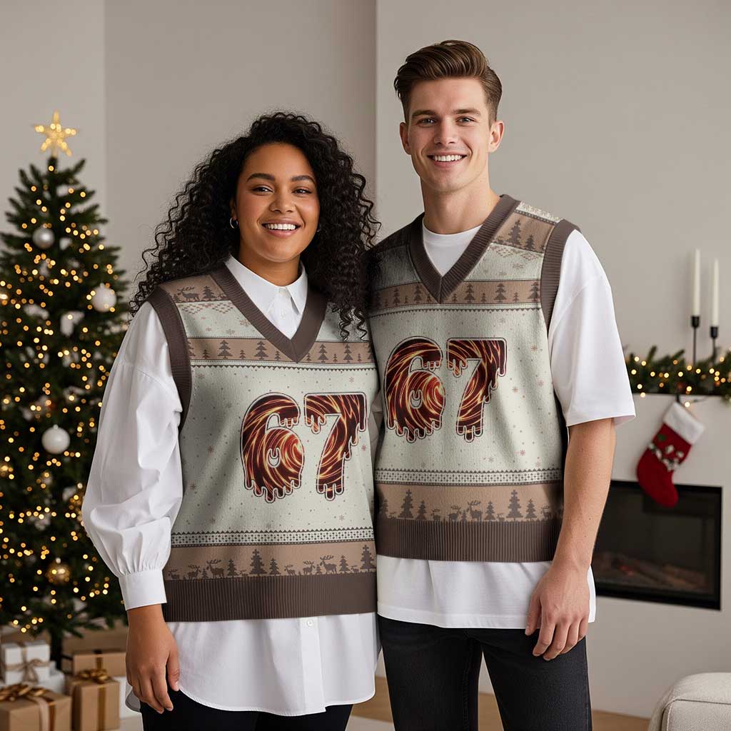 Fire Swirl Effect Printed V-Neck Knit Sweater Vest Six Seven Meme TS12 Mocha Mousse Print Your Wear