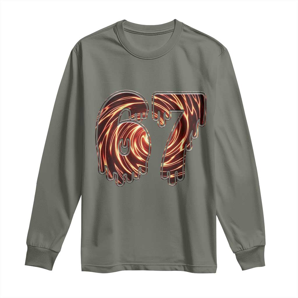 Fire Swirl Effect Printed Long Sleeve Shirt Six Seven Meme TS12 Military Green Print Your Wear